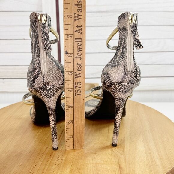 Bebe Berdine Y2K Snakeskin Gold‎ Band Strappy Sandals Heels Tan Brown 8 - Picture 8 of 11